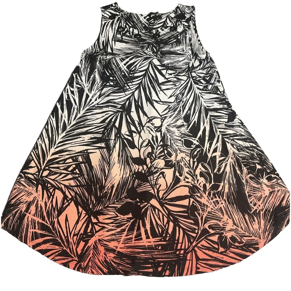 New Directions Tropical Palm Print Dress Women M Coral Black Ombre A-Line